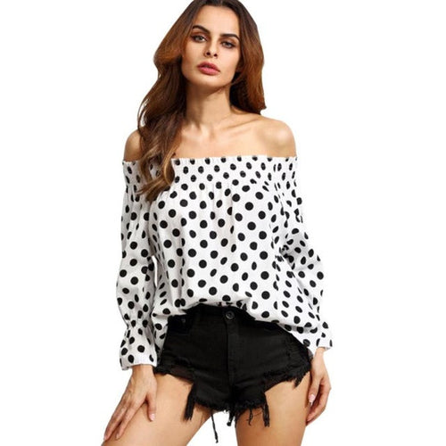 Fashion Women White Polka Dot Shirts Sexy Off The Shoulder Shash Neck  Long Sleeve Women Blouses Tops Blusas Female GS