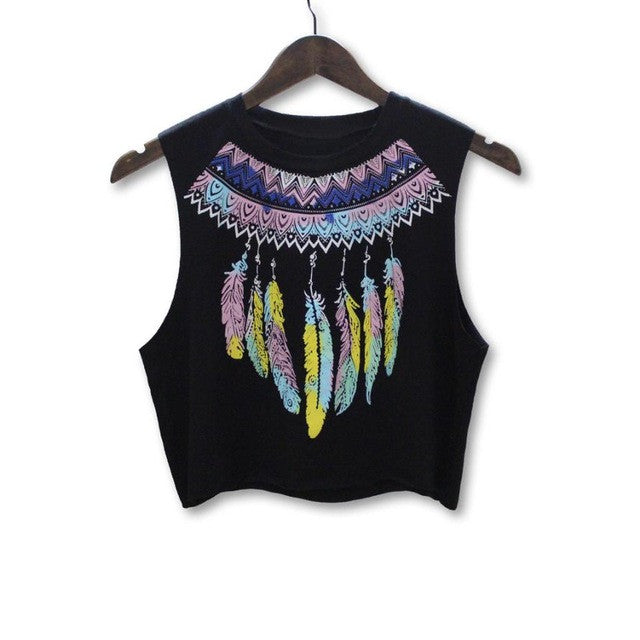 Feather Print Sleeveless Fashion  Tank Top For Women O-neck Short Black Women Crop Tops Sexy Casual Tee Tops Female #33 GS