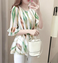 Female Tops Shirt  Summer Cute Half Sleeves O-neck Blouses Gradually Changing Color Shirt Loose Woman Chiffon Shirt 33064 GS