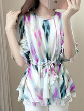 Female Tops Shirt  Summer Cute Half Sleeves O-neck Blouses Gradually Changing Color Shirt Loose Woman Chiffon Shirt 33064 GS