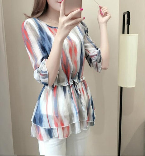 Female Tops Shirt  Summer Cute Half Sleeves O-neck Blouses Gradually Changing Color Shirt Loose Woman Chiffon Shirt 33064 GS