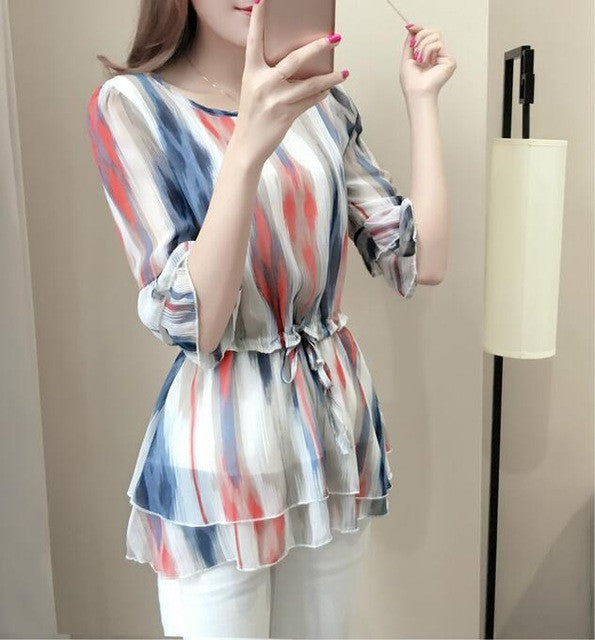 Female Tops Shirt  Summer Cute Half Sleeves O-neck Blouses Gradually Changing Color Shirt Loose Woman Chiffon Shirt 33064 GS