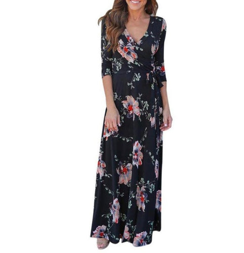 Floral print V Neck Women long dress Vestidos  Fashion maxi dresses Sexy Beach  Ladies Dress vestidos de verano #418 GS