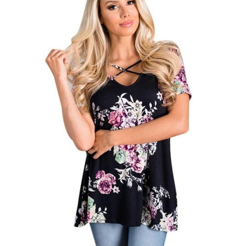 Flower Print Cotton Women Tops Front Crossing Tee Tops female T-shirt Sexy women t-shirt for   camisetas mujer #420 GS