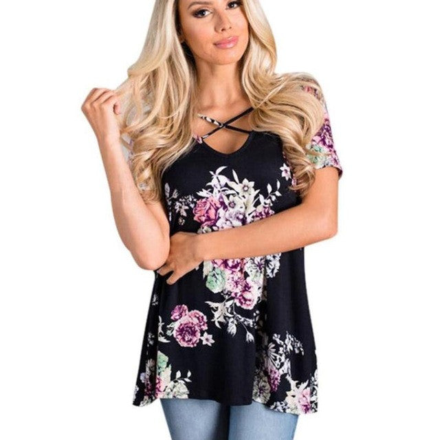 Flower Print Cotton Women Tops Front Crossing Tee Tops female T-shirt Sexy women t-shirt for   camisetas mujer #420 GS