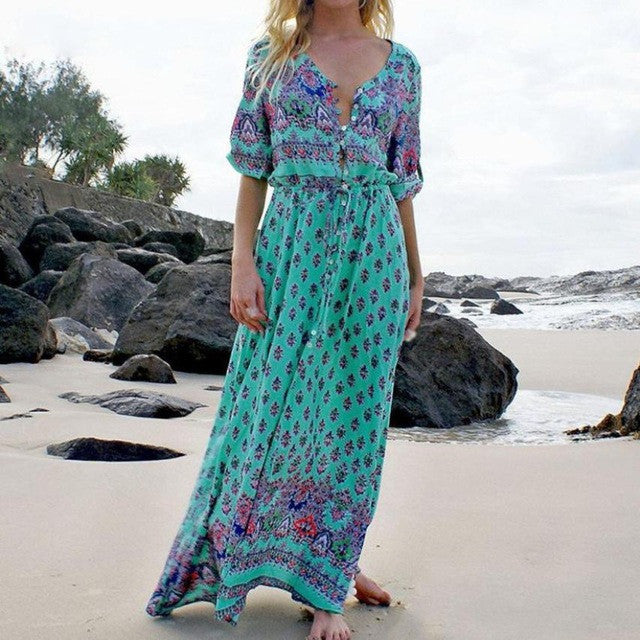 HOT ! Beach Boho Style Sexy Women Long Maxi Dress Women   Long Sleeved Dress V Neck Floral Print Split Dress Lady #418 GS