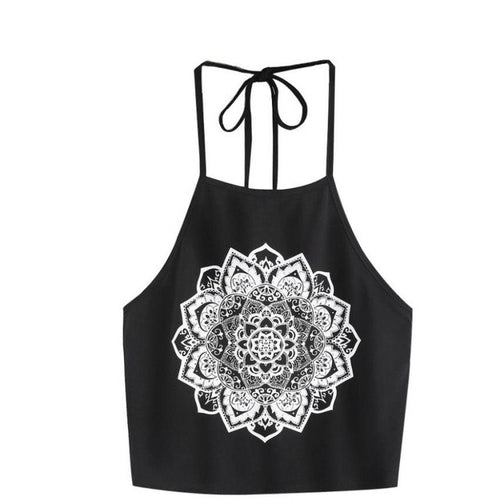 Halter Neck Crop Tops Women Fashion  Cotton Beach Flower Print  Bandage Backless Short Tank Top Women #418 GS