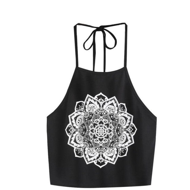 Halter Neck Crop Tops Women Fashion  Cotton Beach Flower Print  Bandage Backless Short Tank Top Women #418 GS