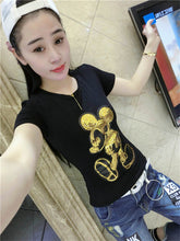Harajuku Female Tops Tee  Summer Women Tops Tees Golden Sequined Cartoon Mouse Print T-Shirt Short Sleeves T-shirt 33024 GS