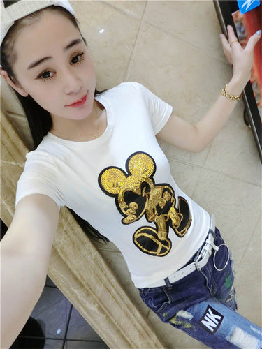 Harajuku Female Tops Tee  Summer Women Tops Tees Golden Sequined Cartoon Mouse Print T-Shirt Short Sleeves T-shirt 33024 GS