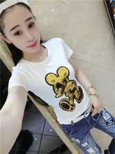 Harajuku Female Tops Tee  Summer Women Tops Tees Golden Sequined Cartoon Mouse Print T-Shirt Short Sleeves T-shirt 33024 GS