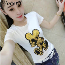 Harajuku Female Tops Tee  Summer Women Tops Tees Golden Sequined Cartoon Mouse Print T-Shirt Short Sleeves T-shirt 33024 GS