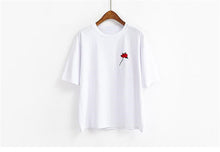 Harajuku Tees  Rose Embroidery Women T-shirt Casual Summer New Fashion Tops Short Sleeves O-neck Ladies T-shirts 33030 GS