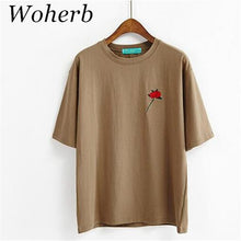 Harajuku Tees  Rose Embroidery Women T-shirt Casual Summer New Fashion Tops Short Sleeves O-neck Ladies T-shirts 33030 GS