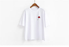 Harajuku Tees  Rose Embroidery Women T-shirt Casual Summer New Fashion Tops Short Sleeves O-neck Ladies T-shirts 33030 GS