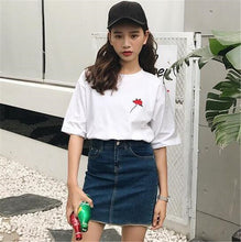 Harajuku Tees  Rose Embroidery Women T-shirt Casual Summer New Fashion Tops Short Sleeves O-neck Ladies T-shirts 33030 GS