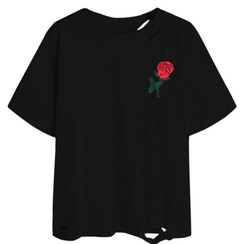 Harajuku women T shirts  Fashion Embroidery Hole Short Sleeve  T-Shirt For Women poleras de mujer Black White #421 GS