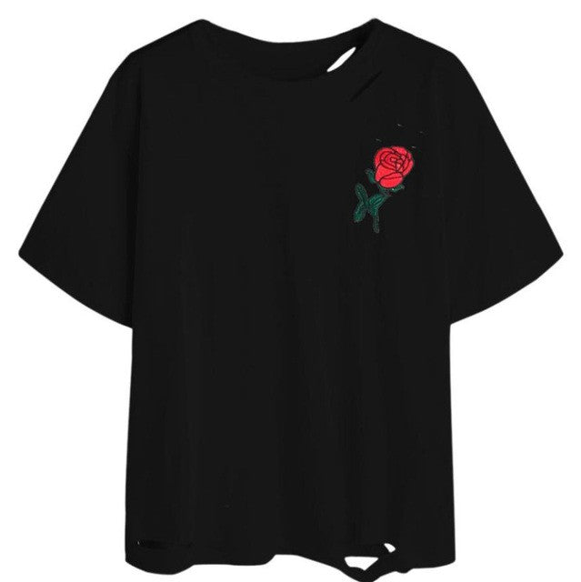Harajuku women T shirts  Fashion Embroidery Hole Short Sleeve  T-Shirt For Women poleras de mujer Black White #421 GS