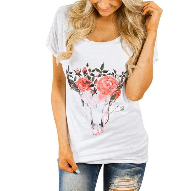 High Quality Flower Print T Shirt Women   Basic Tshirt Woman Casual Tops Short Sleeve T-shirt Women Tops #23 GS