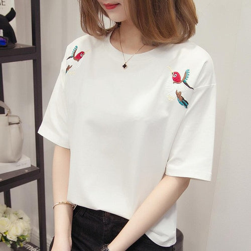 Hot  Female Summer Tops Tee Casual Short Sleeves T-shirt Cute Embroidery Birds Girls Tops Loose Tshirts 33002 GS