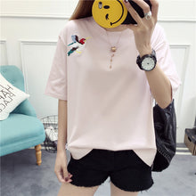 Hot  Female Summer Tops Tee Casual Short Sleeves T-shirt Cute Embroidery Birds Girls Tops Loose Tshirts 33002 GS