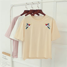 Hot  Female Summer Tops Tee Casual Short Sleeves T-shirt Cute Embroidery Birds Girls Tops Loose Tshirts 33002 GS