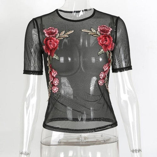 Hot   Womens Short Sleeve Sexy Black Mesh Embroidered Transparent T Shirts Women Club Streetwear Tees Tops Women #420 GS