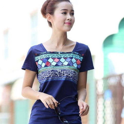 Hot   Summer Cotton T Shirt Loose Short-sleeved T-shirt Printed Large Size Retro National Style top 31059 GS