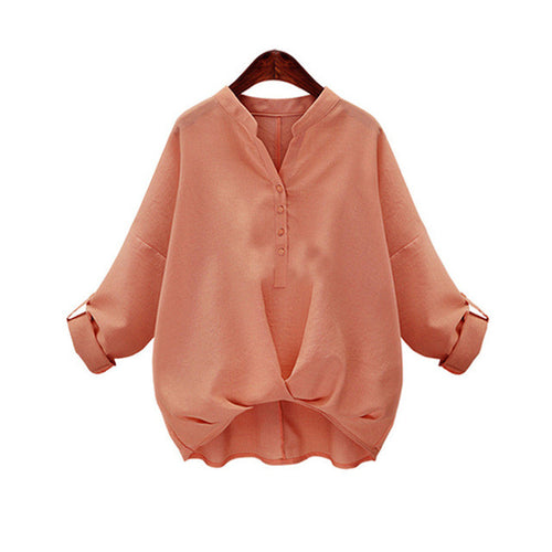 Hot   Fashion New Summer Full Sleeve Chiffon Blouse Women Plus Size Tops V-Neck Shirt Solid color Button Blusas 72493 GS