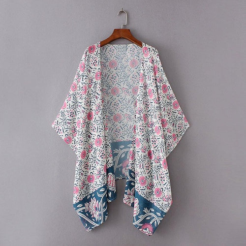 Hot Sale Women Floral Print Chiffon Loose 3/4 Sleeves Shawl Kimono Cardigan Tops Cover up Blouse camisas mujer   #43 GS