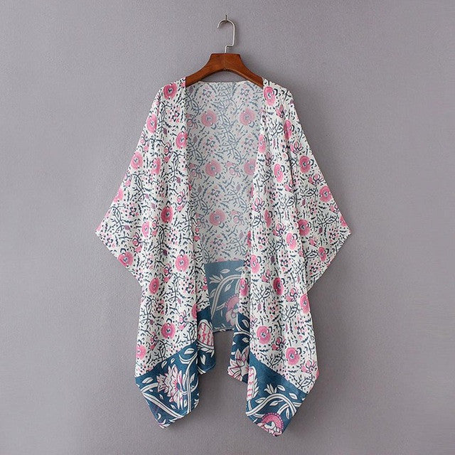 Hot Sale Women Floral Print Chiffon Loose 3/4 Sleeves Shawl Kimono Cardigan Tops Cover up Blouse camisas mujer   #43 GS