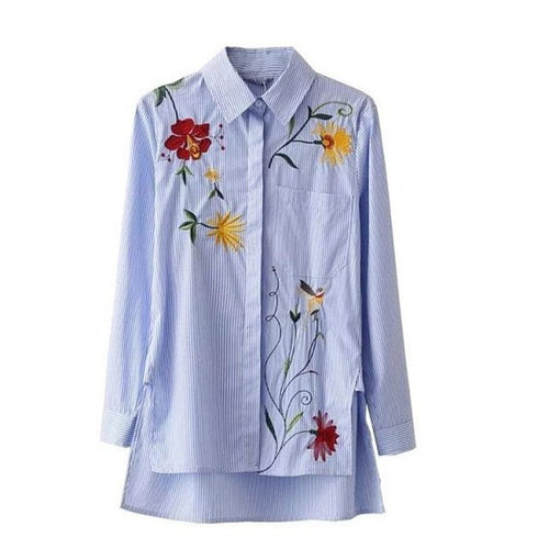 Korean Fashion Embroided Blouses Women Shirts  Long Sleeve Blue And White Stripe Embroidery Floral Irregular Blouses Tops#23 GS