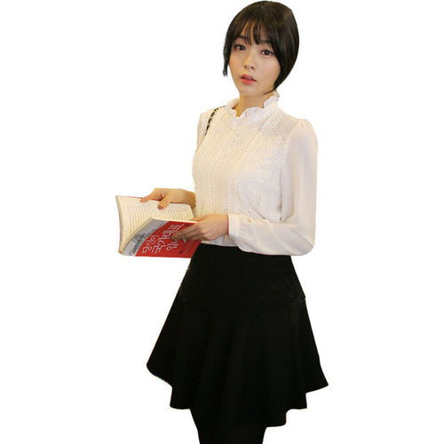 Lace Female Blouse Fashion Chiffon White Black Blouse Vintage Stand Collar Shirts Plus Size Woman Clothes 70062 GS