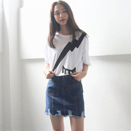 Lightning Cartoon Print T shirts  New Fashion Loose Women Tops O-neck Short Sleeve Women t-shirt Plus Size 72603 GS