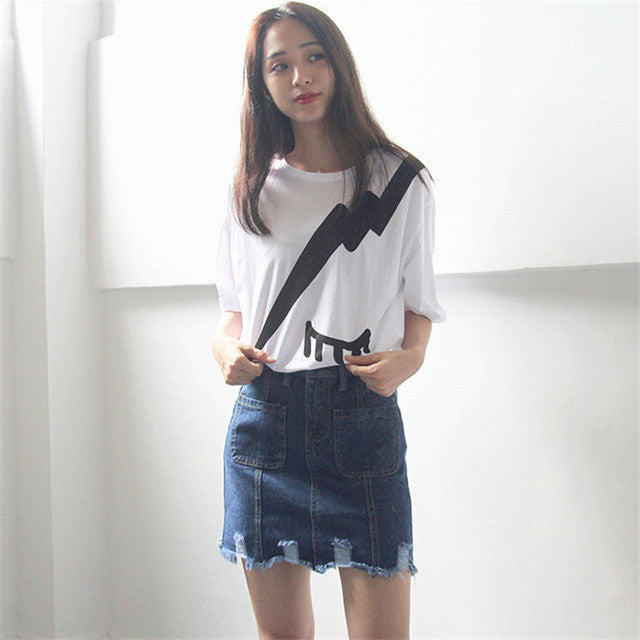 Lightning Cartoon Print T shirts  New Fashion Loose Women Tops O-neck Short Sleeve Women t-shirt Plus Size 72603 GS
