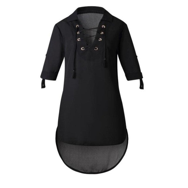 Long Style Chiffon Shirts Women Long Sleeve V Neck Lacing Up  Casual Thin Womens Blouses Loose Tops Female Clothes #52 GS