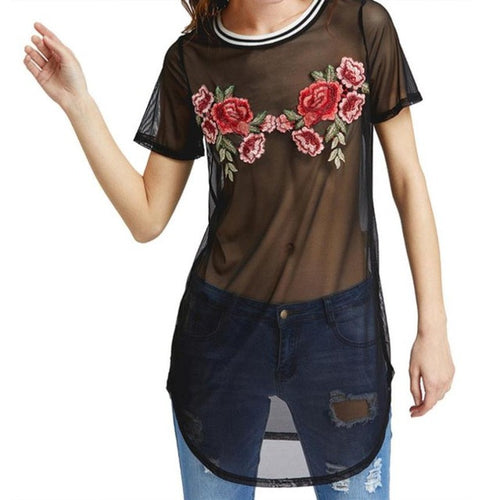 Long Style   Fashion T-Shirt Women  Sexy Transparent Embroidery Floral Short Sleeve T Shirt Poleras Mujer #23 GS