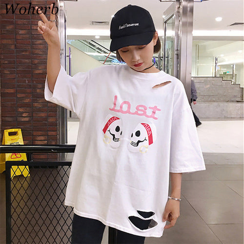 Lost Letter Print t-shirt  New Women Harajuku Skull Hole T shirts Women Top Short Sleeve Female O-neck Plus Size tops 72678 GS