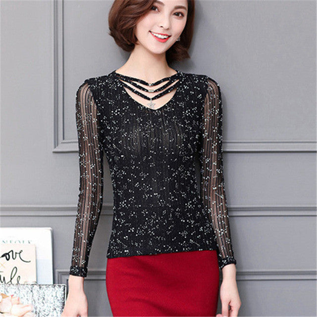 M-3XL New  Women Summer Lace T Shirt Fashion Hollow Out Tops V-Neck Full Sleeve t-shirt Plus Size tee 72593 GS
