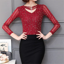 M-3XL New  Women Summer Lace T Shirt Fashion Hollow Out Tops V-Neck Full Sleeve t-shirt Plus Size tee 72593 GS