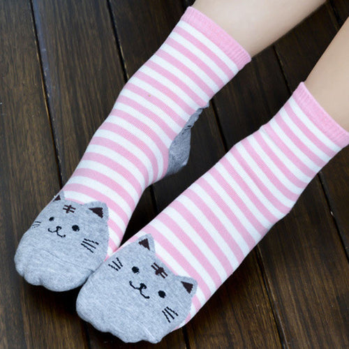 Meias  Hot Sale 3D Animals Striped Cartoon Socks Women Girls Cute Cat Footprints Funny Cotton Socks Floor calcetines 5Colors GS