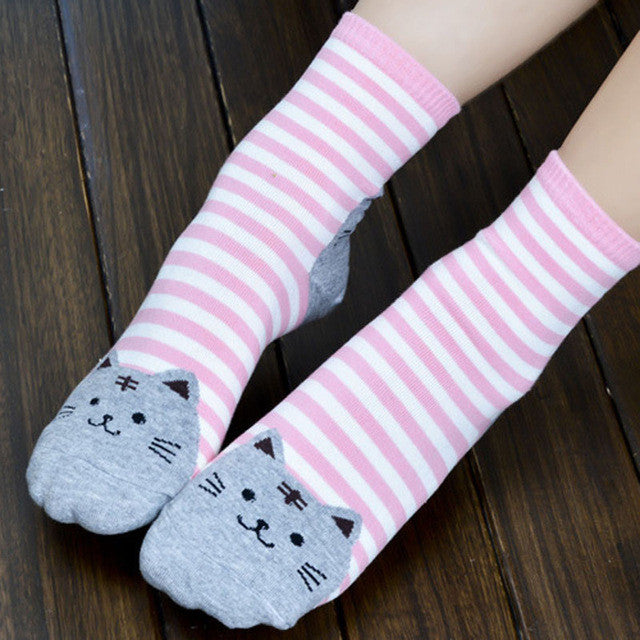 Meias  Hot Sale 3D Animals Striped Cartoon Socks Women Girls Cute Cat Footprints Funny Cotton Socks Floor calcetines 5Colors GS