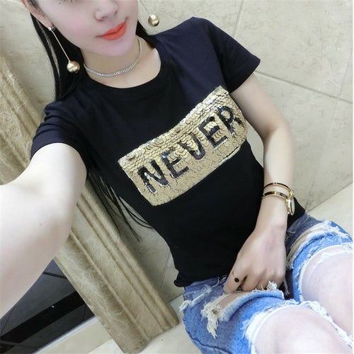 NEVER letter Print tshirt Sequined New  Fashion Korean Short Sleeve T-shirts Plus Size Female t shirts Women Tops 72586 GS