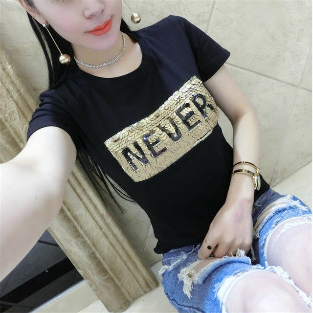 NEVER letter Print tshirt Sequined New  Fashion Korean Short Sleeve T-shirts Plus Size Female t shirts Women Tops 72586 GS
