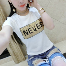NEVER letter Print tshirt Sequined New  Fashion Korean Short Sleeve T-shirts Plus Size Female t shirts Women Tops 72586 GS
