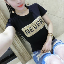 NEVER letter Print tshirt Sequined New  Fashion Korean Short Sleeve T-shirts Plus Size Female t shirts Women Tops 72586 GS