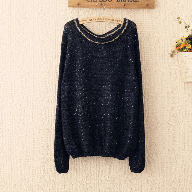 NEW Hot  Women Sweater Autumn Fashion O Neck Solid Knitwear lady Sequined Pullover Sweater bow Lace stitchingpaillette 4207 GS