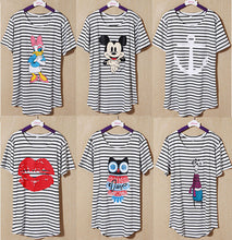 NEW Striped Printed Anchor owl lip women T-shirts short Sleeve t shirts Stretch Cotton tees tops 4185 GS