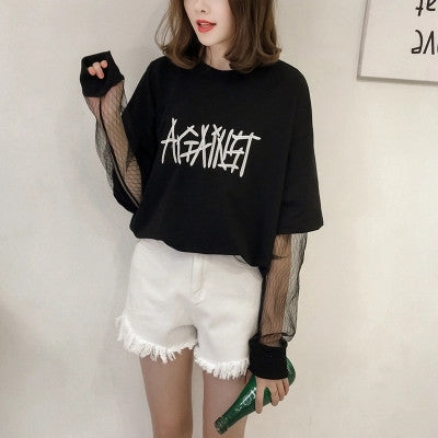 New  Embroidery Letter Net Yarn Patchwork Fake two pieces Summer T Shirt Women Fashion T-shirts Tops Plus Size GS