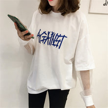 New  Embroidery Letter Net Yarn Patchwork Fake two pieces Summer T Shirt Women Fashion T-shirts Tops Plus Size GS
